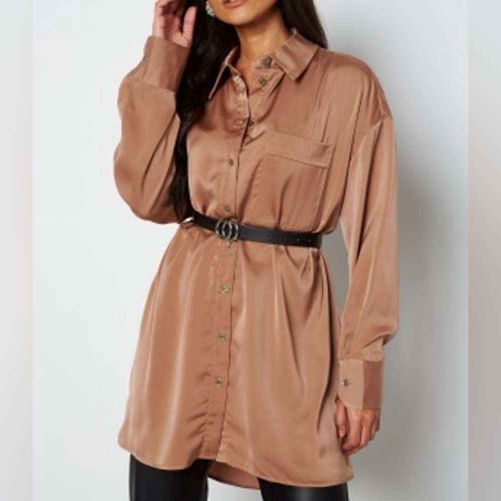 NWT European Style Only Primrose Long Sleeve Satin Shirt Dress in Beaver Fur
